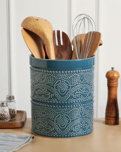 Image of FUN ELEMENTS Kitchen Utensil Holder, 7.2 inch Super Large Utensil Crock Heavy and Stable Lace Emboss Ceramic Utensil Holder for Kitchen Counter (Grayish Blue)