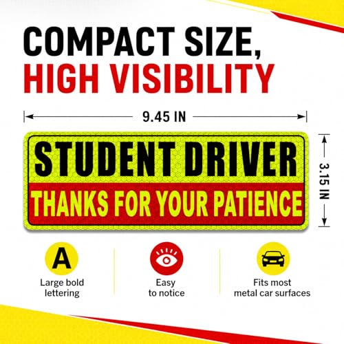 Image of Student Driver Magnet for Car - New Driver Magnet for Car Safety Warning Please Be Patient Reusable Movable Reflective Magnetic Black & Red for Car Bumper 3 Pcs