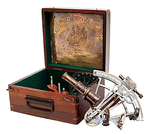 Hanzla Collection Made for Royal Navy London 8" Brass Ship Sextant with Hardwood Box