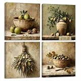 Elvynln Oliven Wandbilder Küche mit Rahmen, 4er Set 30 x 30 cm