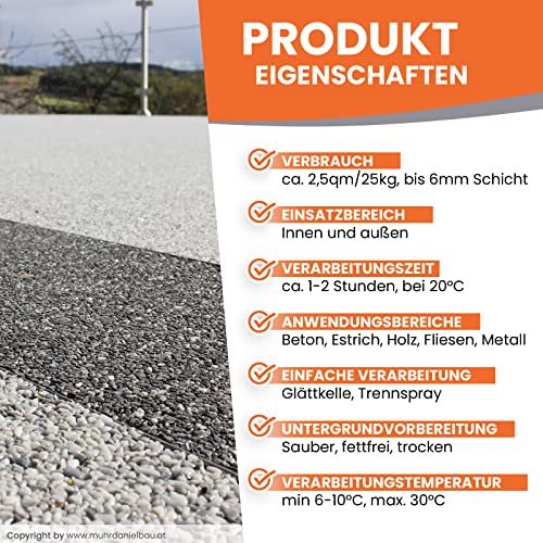 Steinteppich aussen in Grigio Carnico - Bodenbelag Komplettset: 25kg Marmorkiesel Dunkelgrau inkl. 1kg 1K PU Bindemittel Kleber - Natursteinteppich für Terrasse, Balkon, Treppe - BEKATEQ BK-605PU