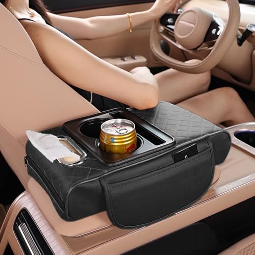 Image of 5-in-1 Car Center Console Cover,Multifunctional Arm Rest Cover for Car with Cup Holder,Phone Holder,Pocket,Car Tissue Holder,Leather Height Enhancement Car Armrest Cushion for Most Cars (Black)