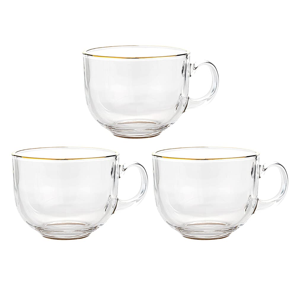 SECFOU Set 3 Bicchieri da Caffè in Vetro Manico, Materiale Sintetico, Design Integrato e Piacevole, per Soggiorno e Ufficio, Tazze da Colazione Bordo Dorato