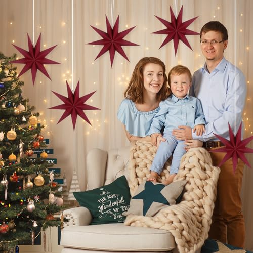 Image of 12 Inches 5 PCS Wine Red Paper Star Lanterns Christmas Party Decorations Hanging Stars Christmas Party Decorations Wedding Birthday Christmas Home Party Decorations(9 Pointed)