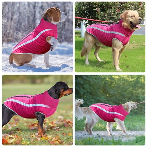 Hunde Winterjacke, Warme Hundejacke Mantel für Mittlere und Große Hunde Winter Wasserdicht Hundekleidung Reflektierende Fleece Welpen Outdoor-Mäntel für Labrador, Bulldogge, Samoye (4XL/53cm, Rosa)