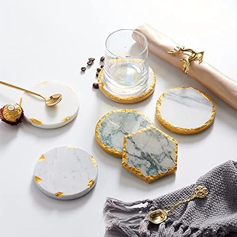 4-Piece Marble Coasters,Coasters for Drinks,Coasters Marble Gold,Round Coffee Cup Coasters,Ceramic Golden Coaster (White, 10cm×10cm) Cover