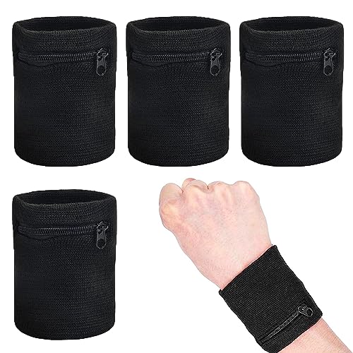 Sport Handgelenktasche, 4 Stück Handgelenktasche mit Reißverschluss, Schweissband Handgelenk, Handgelenktasche mit Reißverschlusstasche Münze, für Jogging, Basketball Laufen Sport(Schwarz)