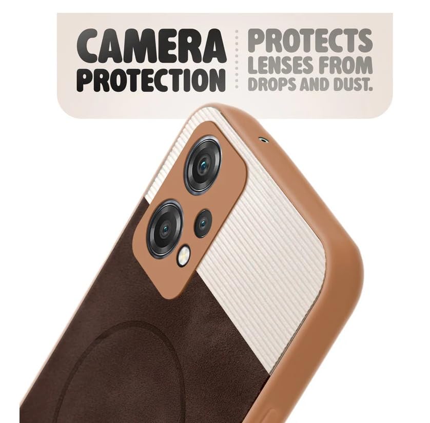 Image of Bintage CASE Mac Safe Design Hard Light Weight Back Case | Soft Border Camera Protect | Dual PU Leather Finish Back Cover Compatible for OnePlus Nord CE 2 Lite 5G - White & Cherry Brown