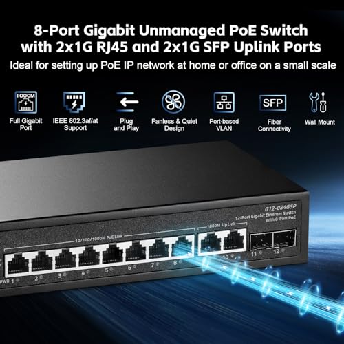 Image of Binardat 12 Port Gigabit POE Switch, 8 Ports POE+ 1000Mbps, 2 Gigabit Uplink, 2 Gigabit SFP, IEEE802.3af /at, 135W Power, Metal Enclosure Unmanaged Plug and Play