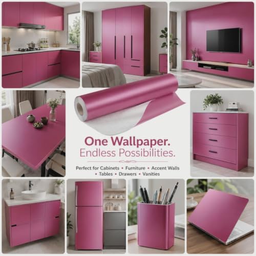 Image of HOME13 Pink Wallpaper Peel and Stick Contact Paper Self Adhesive Removable Wall Paper Waterproof Decorative Vinyl Sticker Kitchen Cabinet Bedroom Bathroom(20x120 Inch)