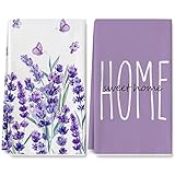 AnyDesign Lavender Kitchen Towel Flower Purple Flower Butterfly Dish Towel 18 x 28 Inch Home Sweet Home Hand Drying Tea Towel for Seasonal Spring Cooking Baking Cleaning Supplies, 2 Pack