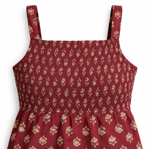Image of The Magic Wand Kids Girls Printed Casual Dresses, Knee Length Singlet Strap Fit & Flared Cotton Once Piece Stylish Frocks for Summer Season
