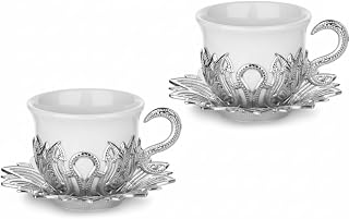 Alisveristime 2-Piece Turkish Coffee Cup Set with Zamac Holders and Saucers – Elegant Ottoman Design with 2 Color Options (Silver)