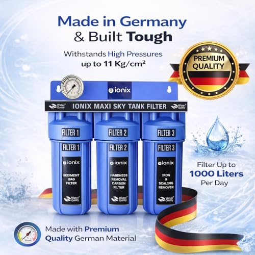 Image of IONIX Sky Tank filteration system with German Housings | Water filter for Flats /Water filter for Builder floors | Small size 12 inchesWhole house|, 1 Set, Blue
