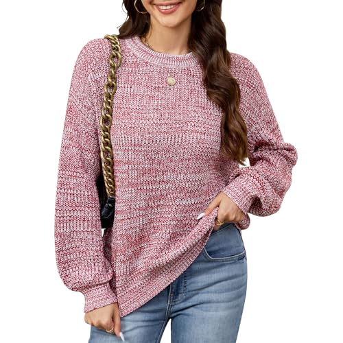 QIANSIQIANBO Damen Pullover Langarm Strickpullover Herbstoutfits Rundhals Farbblock Lässige Weiche Trendige Pullover Oberteile (M) Jujube Rot