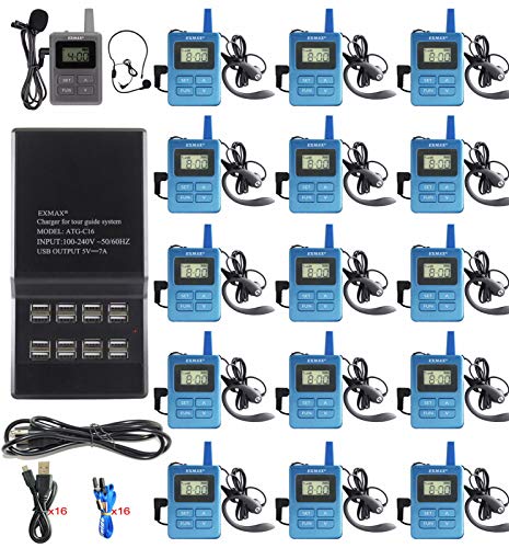 EXMAX ELGT-470 Sistema de Interpretación Inalámbrico UHF para Iglesia, Equipo de Transmisión de Voz con 100 Canales, 1 Transmisor y 15 Receptores con Base de Carga USB de 16 Puertos miniatura 1
