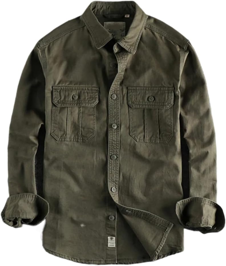Cargo Washed Shirt Men Long Sleeve Canvas Cotton Military Uniform Casual Work Style Male Shirts Top Coats