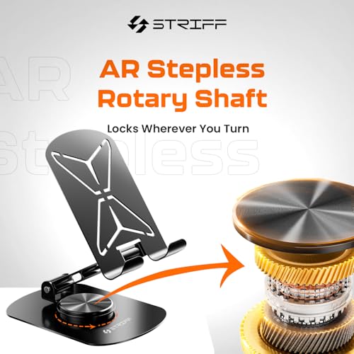 Image of STRIFF mobSpin 360 Rotating Metal Phone Stand, Foldable Mobile Holder with Adjustable Height & Angle, Stable Round Base, Thick Case Friendly, for Smartphones, Tablets, Kindles & iPads - Black