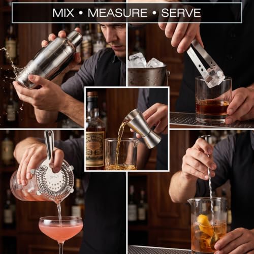 Image of O' Holic by Perch Craft 5-Piece Stainless Steel Bartender Kit|Premium Cocktail Shaker Set with Jigger 30 /60ml, Spoon, Ice Tong, & Strainer|Professional Bar Set for Home &Tour Parties|Silver