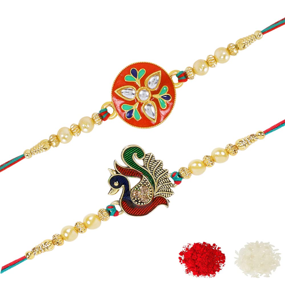 Riddhika VenturesTraditional Multi Colour Pearl and Peacock Rakhi (Set of 2) with Roli Chawal and Greeting Card (K6D1), Fabric