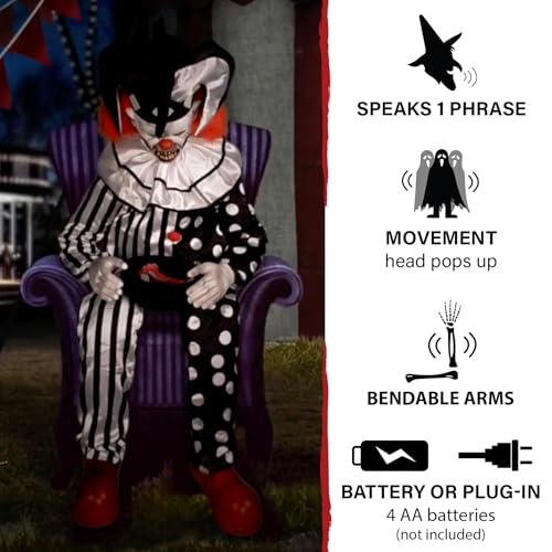 Haunted Hill Farm Hartley The Sitting Scare Clown by Tekky, Motion-Activated Talking Jump-Scare Halloween Animatronic for Halloween Party Prank Decoration, Plug-in or Battery Operated Halloween Props
