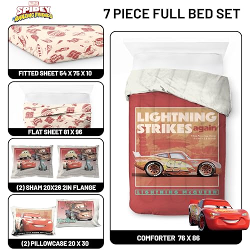 Image of Jay Franco Kids Comforter Set Includes Sheets and Pillow Covers - Soft and Cozy Bed Set for Stylish Room Decor, Official Licensed Bedding, Red - Cars, 7 Piece Full
