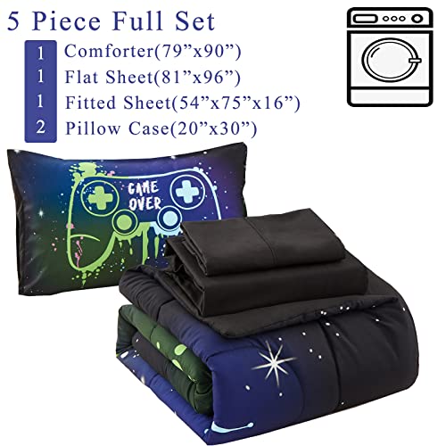 Kids Gaming Bedding Sets Full Size For Boys Teen, 5 Piece Bed In A Bag Gamer Comforter Set With Sheets, 3D Colorful Video Game Controller Comforter, All Season Soft Microfiber Bed Set(Blue,Full) #TOP1