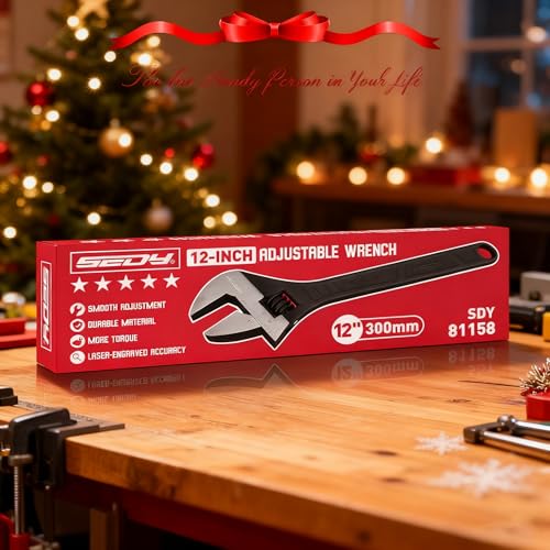 Image of SEDY 12-Inch Adjustable Wrench, Black Oxide Finish Wide Jaw Spanner with Inch /Metric Scale, Premium Drop Forged Steel for Automotive Plumbing and Household Repairs