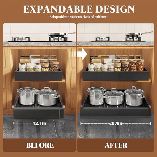 4 Pack Expandable Pull Out Cabinet Organizer 21"Deep With Raising Pad for Framed Cabinets,Upgrade 3 Slide Rails Slide Out Drawers,No Drill Roll Out Shelves,Adjustable Width 12.1"-20.4" Black