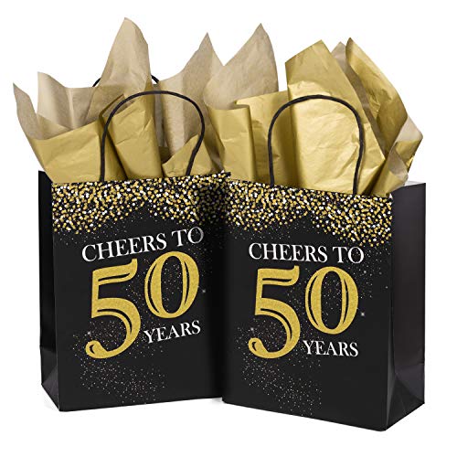 WRAPAHOLIC Medium Size Gift Bags - 12 Pack Cheers to 50 Years Black and Gold Glitter Paper Bags with Gold Tissue Paper for Birthday, Party, Anniversary, Wedding - 8 x 4 x 10