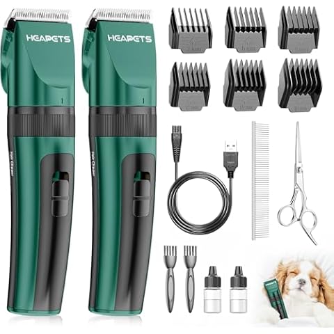 HEAPETS Dog Clippers for Grooming, 2 Pack Pet Hair Trimmers with 2 Speed Grooming Mode, Rechargeable, Cordless, Electric Quiet, Suitable for Dogs Cats (Green) Cover