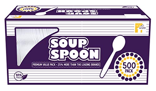 HOGOWARE Plastic Disposable Utensils Bulk Set Plastic-Ware Cutlery 500 Pieces for Dinner Party Serving Wedding Cake Pie Desserts White Soup Spoons
