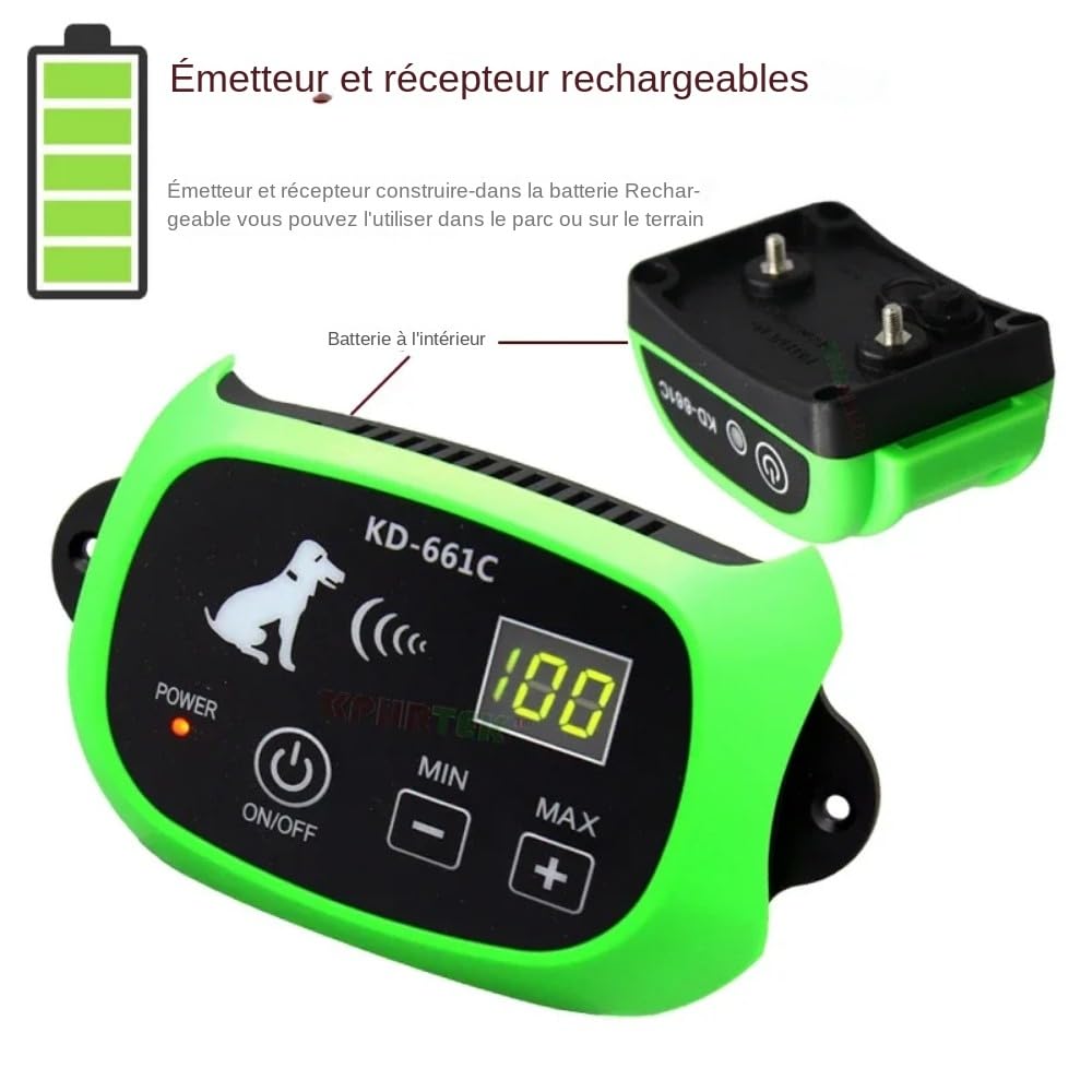 Système de clôture électronique sans Fil pour Chien,avec émetteur et récepteur Rechargeables (661C-G-1)
