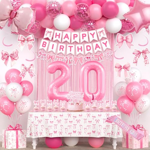 20th Birthday Decorations for Women, Pink Bow Birthday Party Supplies