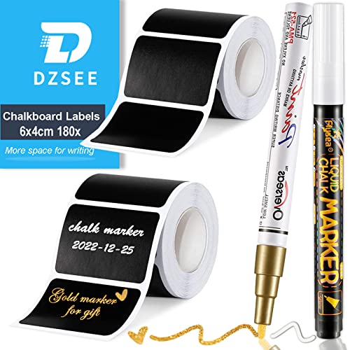 Etiketten Selbstklebend, DZSEE® Löschbar Beschriftungsetiketten Selbstklebend, Wasserdichte etiketten zum beschriften, Tafel Aufkleber, Etiketten Küche für Gewürzgläser, Flaschen|Rechteckig-180stk+2 Cover