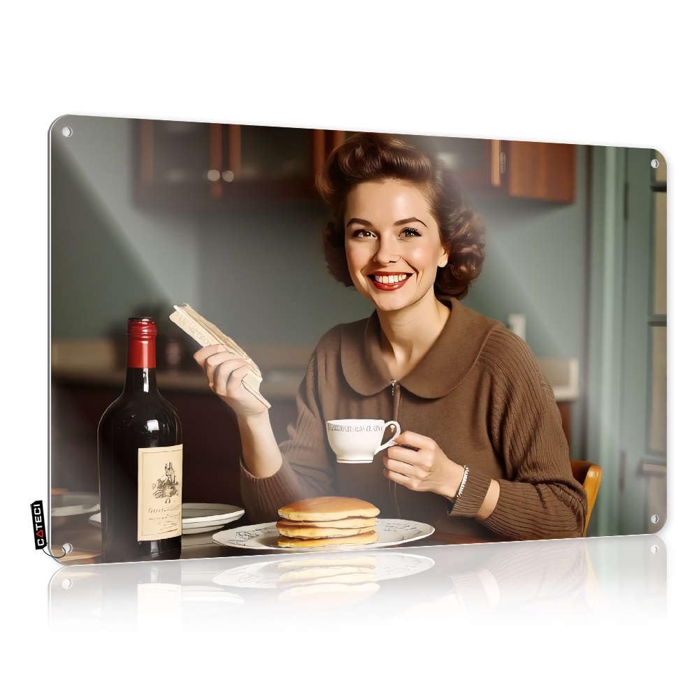 Fzfn Men's Colour Tin Sign Teen Boys Room Decor Vintage Style | Woman Enjoying Pancakes, Coffee, And Wine. Scandinavian Collection Home Decor(30X40cm)