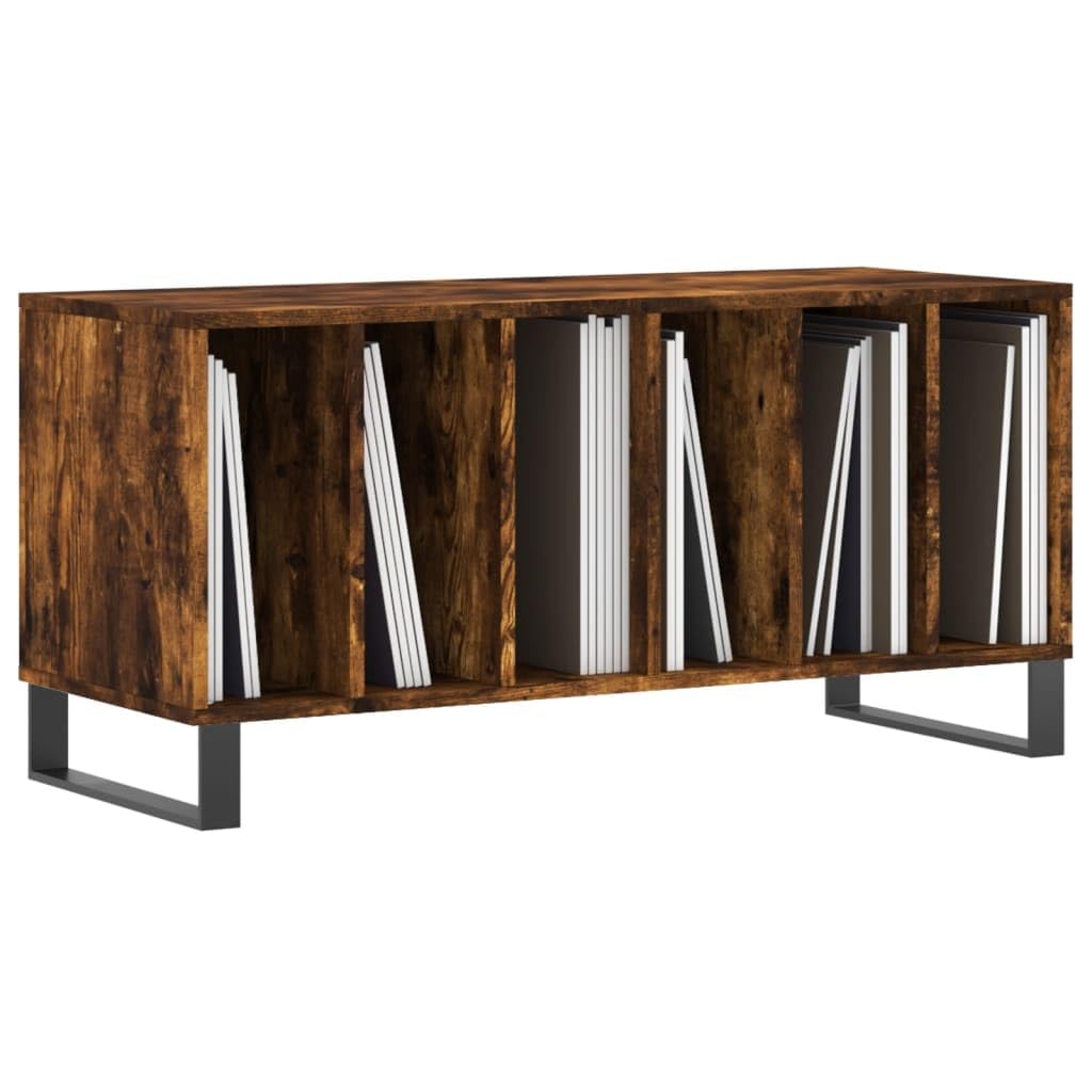 Armadio per dischi in legno di rovere affumicato, 100 x 38 x 48 cm, con gambe in ferro, armadio in vinile con piano superiore per giradischi e stoccaggio LP