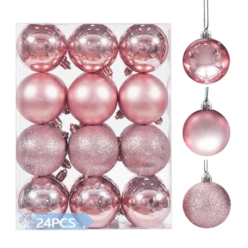 24PCS Shatterproof Christmas Balls Ornaments 4cm/1.57 Pre-Strung Hanging Xmas Tree Decorations 3 Styles for Christmas/Halloween/Wedding/Birthday Party (Rose Gold)