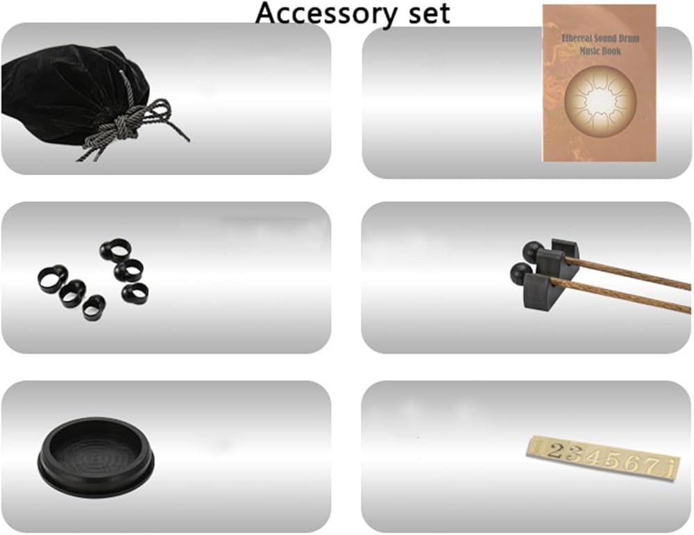 Strumento a percussione artigianale con libro musicale, borsa e mazzuole, ideale per educazione musicale, concerti e yoga