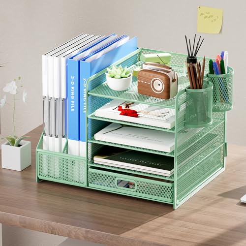 Image of Marbrasse Desk Organizer with File Holder, 5-Tier Paper Letter Tray Organizer with Drawer and 2 Pen Holder, Mesh Desktop Organizer and Storage with Magazine Holder for Office Supplies (Green)