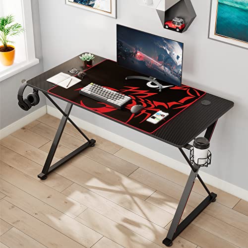 Eureka Ergonomic Gaming Desk 47 Inch,Pc Gaming Table, X Shaped Gaming Computer Desk With Mouse Pad, Carbon Fiber Home Office Desk With Cup Holder & Headphone Hook & Controller Stand,Black #TOP7
