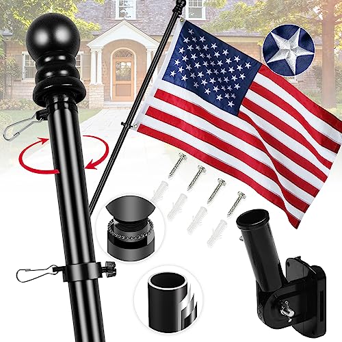 XIFAN American Flag Poles for Outside House, 5ft Aluminum No Tangle Spinning Flag Pole, 180° Multi- Position Mounting Bracket, 3x5 ft 210D Embroidered US Flag, Wind Resistant Rust Free Kit (Black)