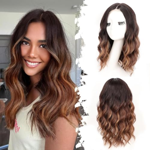 Image of Eawwii Wigs for Women Ombre Brown Highlight,Wavy Synthetic Lace Wig 18 Inch