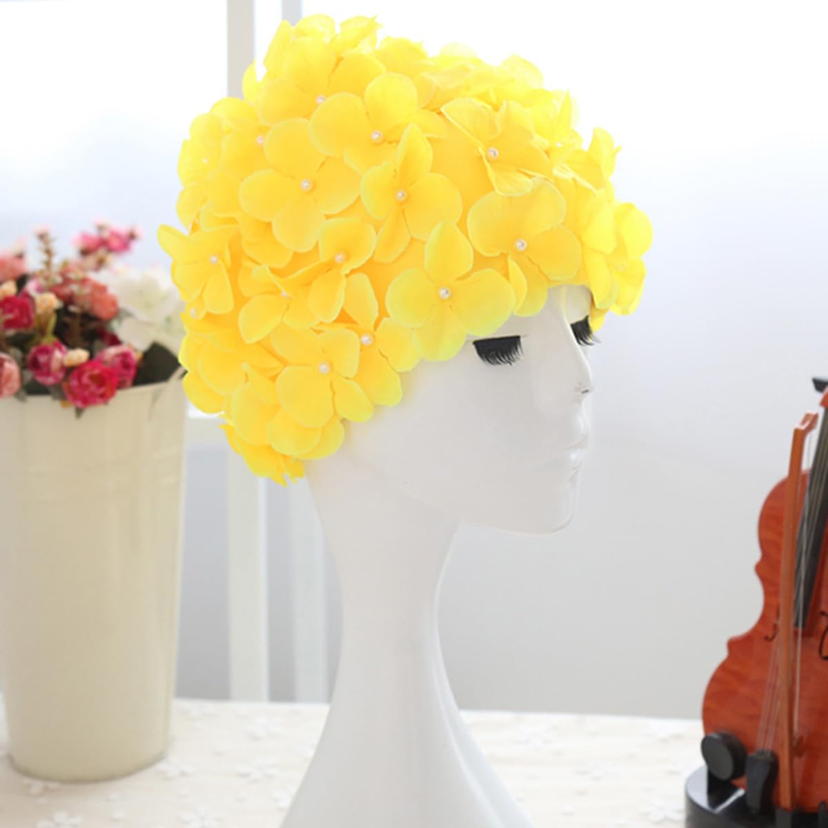 WINOMO 3D Flower Petal Swimming Hat Ladies Classic Retro Swim Cap Size Adults Women Ear Protection Bathing Super Elastic Shower Surfing Water Sports Swim Cap Floral Swimming Cap Wetsuit Cap - Image 3