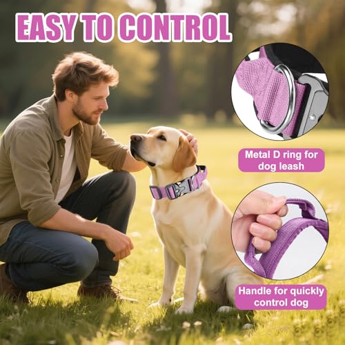 AKOFIC Taktisches Hundehalsband mit Griff, Breites Halsband Hund Gepolstert aus Nylon, Verstellbar Robuster Dog Collar mit Metallschnalle für Mittlere Große Hunde (Lila, XL)