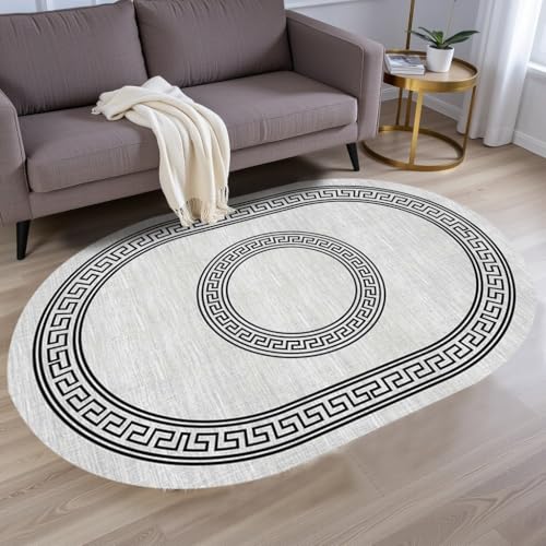 Greek Key Pattern Bordered Indoor Oval Rugs for Living Room