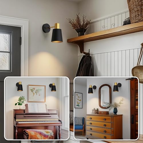 Image of DORESshop Battery Operated Wall Sconces Set of Two, Dimmable & Adjustable Black Gold Wall Lights, Rechargeable Wall Sconce with Remote, Not Hardwired LED Wall Lamps for Bedroom Living Room
