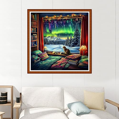 Image of Joyhoor Stamped Cross Stitch Kits for Beginners Needlepoint Kits for Adults Embroidery Kits 11CT Counted Cross Stitch Kits Printed Embroidery Pattern-Outdoor Aurora Borealis Scenery 18x18 inchs
