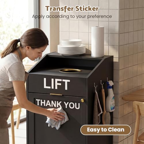 Image of 40 Gallon Commercial Trash Can Cabinet with Tray Holder, Wooden Trash Can Cabinet with Top Cup Slot, Heavy-Duty Restaurant Trash Can with Lift Up Door for Cafe Restaurant Office
