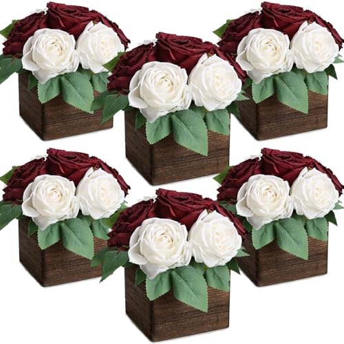 DIYDOFUN Dining Table Centerpiece Set of 6 - Pre-Made Aritifial Rose with Wooden Vase Fake Floral Arrangment Faux Flower for Wedding Bridal Tea Party Event Decorations - Burgundy & White